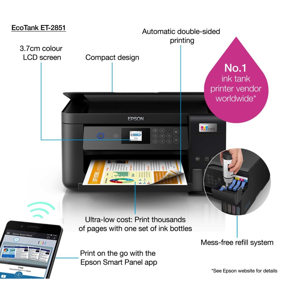 EPSON EcoTank ET-2851 MFP Jet d'encre couleur A4 EPSON EcoTank ET-2851 MFP Jet d'encre couleur A4